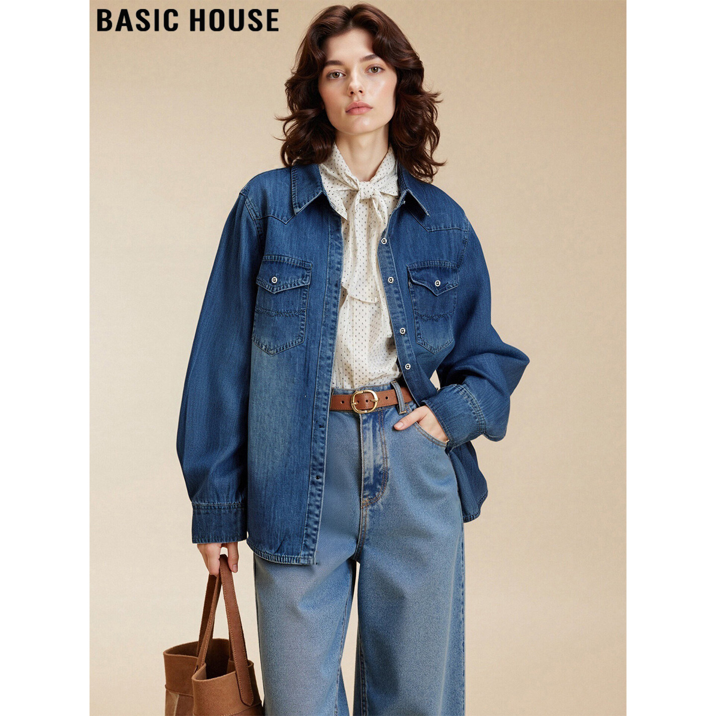 Basic House/百家好蓝色牛仔衬衫外套女2026春季新款美式宽松上衣,女装/女士精品,衬衫,淘宝优惠券,粉丝福利购,淘宝优惠卷