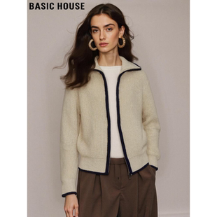加厚翻领拉链开衫 百家好杏色撞色毛衣外套女春季 上衣 House Basic