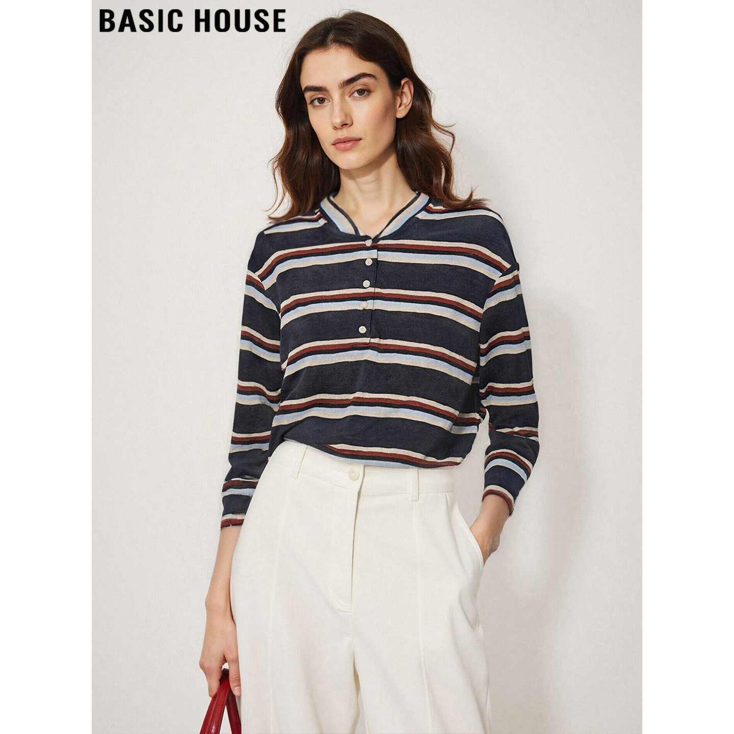 百家好美式条纹半开领撞色上衣女
