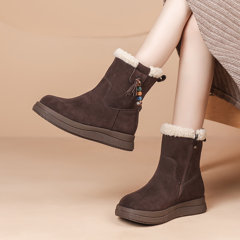 磨砂牛绒皮面雪地靴女冬季加绒保暖松糕厚底短靴防滑棉靴真皮棉鞋