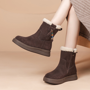 磨砂牛绒皮面雪地靴女冬季加绒保暖松糕厚底短靴防滑棉靴真皮棉鞋