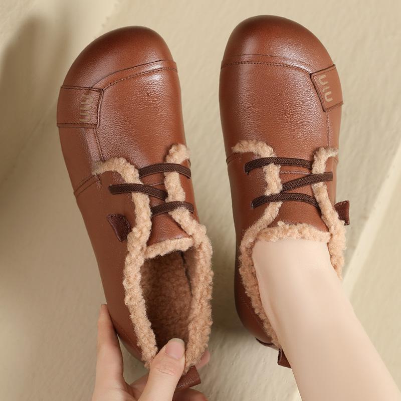 加绒单鞋女真皮保暖妈妈棉鞋中老年女鞋冬季新款雪地鞋子毛毛皮鞋