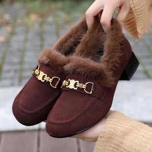 乐福鞋女真皮粗跟单鞋加绒二棉鞋2025新款秋冬女鞋大码中跟毛毛鞋