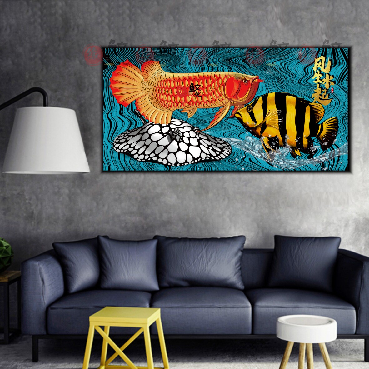 红龙鱼装饰画办公室客厅带框油画布风生水起艺术现代鱼房装饰壁画