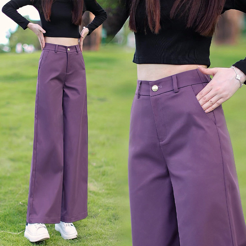 阔腿裤女春秋季2026新款高腰休闲裤垂感宽松窄版直筒百搭紫色长裤