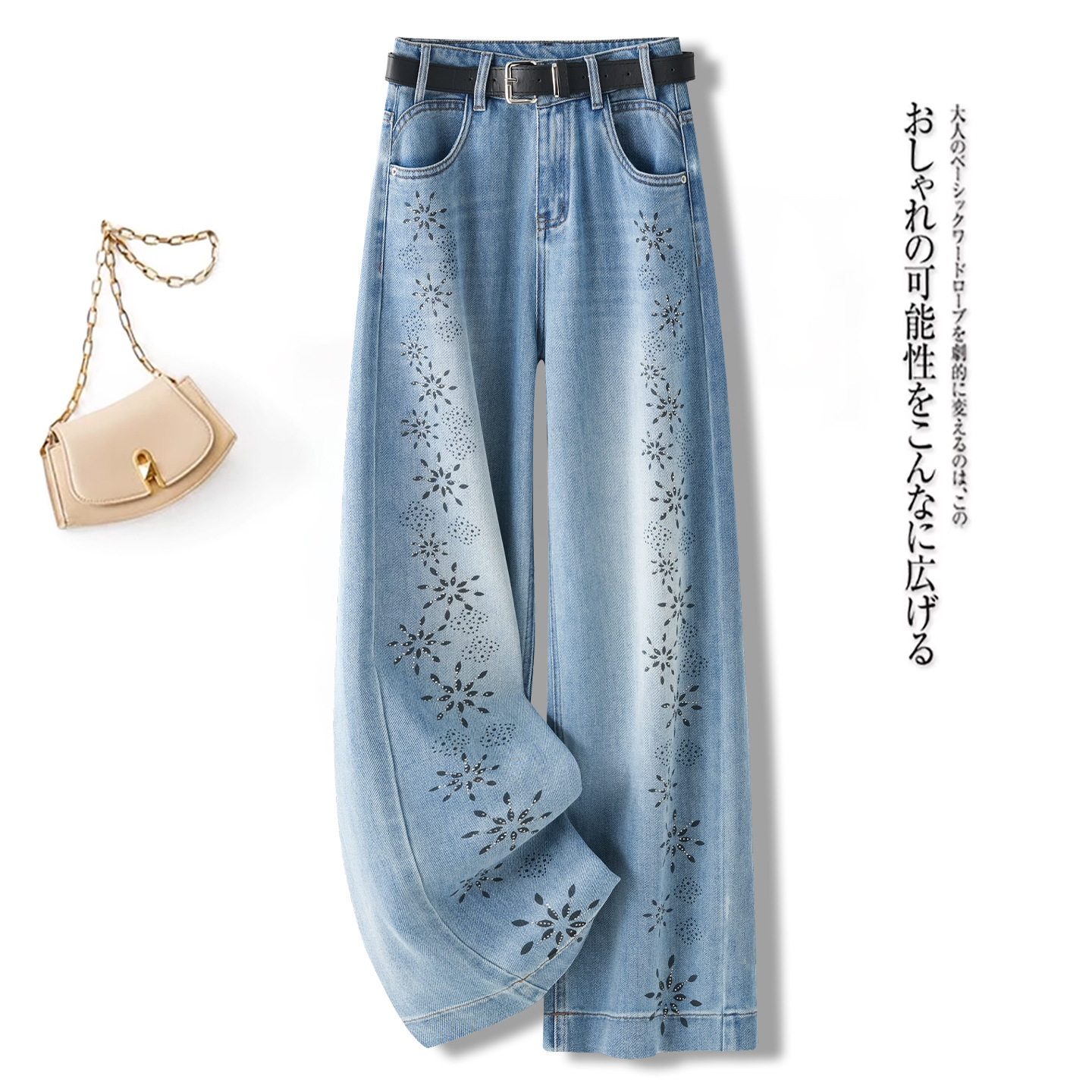 时尚浅蓝色印花烫钻阔腿牛仔裤女2026新款春季爆款高腰复古直筒裤