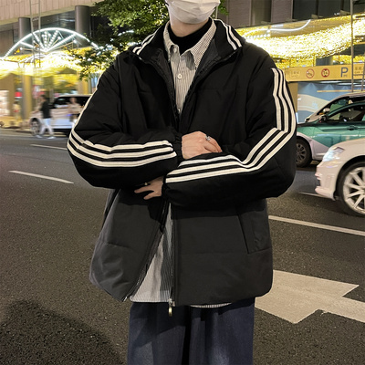 美式立领三条杠棉衣男冬季潮宽松休闲学院风棉袄加厚保暖棉服外套