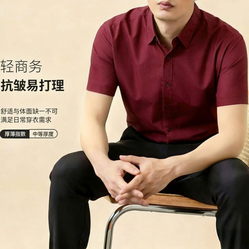酒红衬衫男士短袖2026新款长袖免烫商务修身职业休闲结婚纯色衬衣