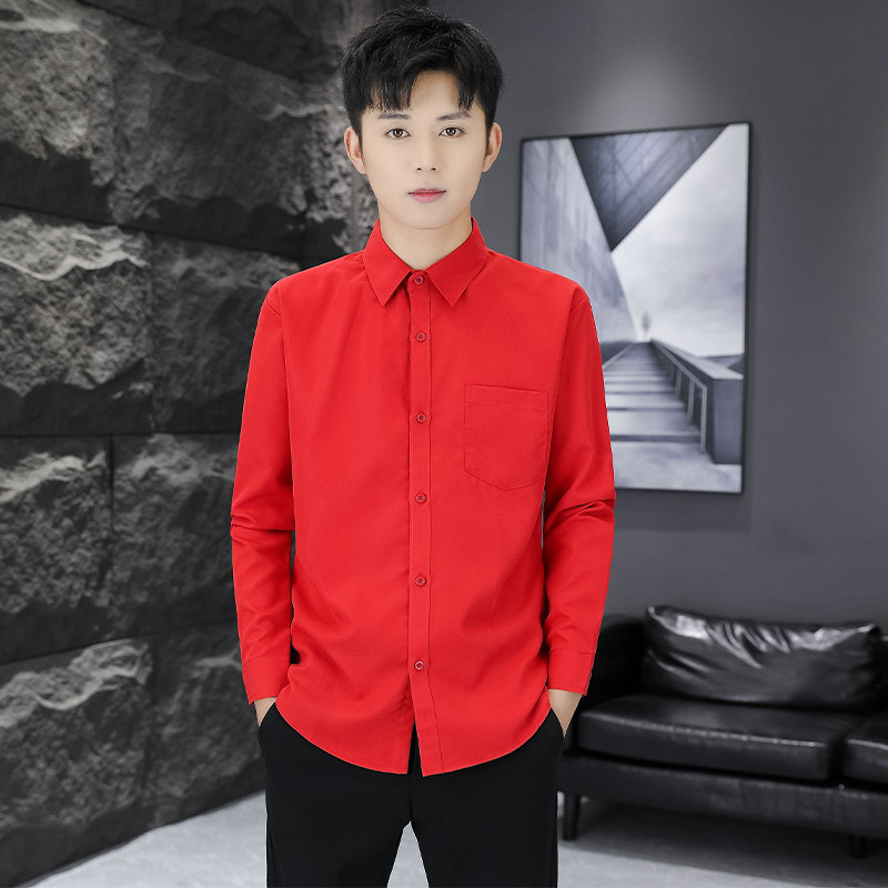 新郎衬衫男长袖结婚修身正装休闲衬衣伴郎订婚接亲婚礼大红酒红色