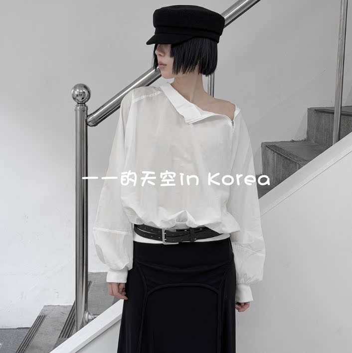 斜拉链设计上衣韩国代购正品2026春女装新款宽松慵懒套头长袖衬衫