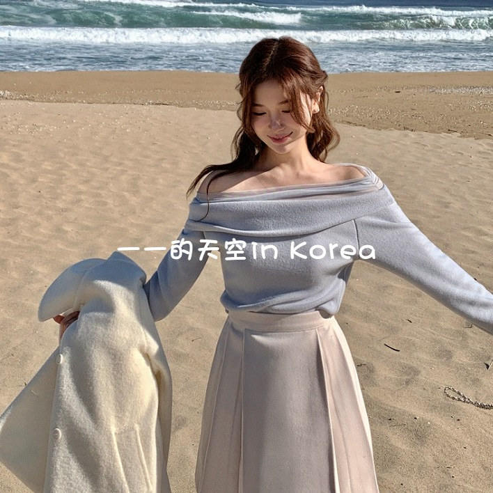 纯欲温柔露肩上衣韩国代购正品2025冬女装新款一字领拉绒长袖t恤