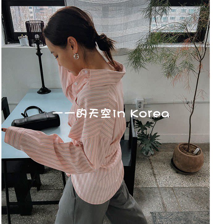 松弛感独特纽扣设计衬衣 韩国代购2026春女装新款宽松竖条纹衬衫