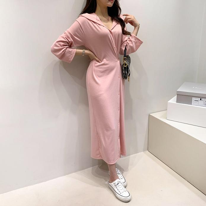 现 甜美裙子 韩国订购2024春秋新品独特纽扣设计宽松连帽连衣裙