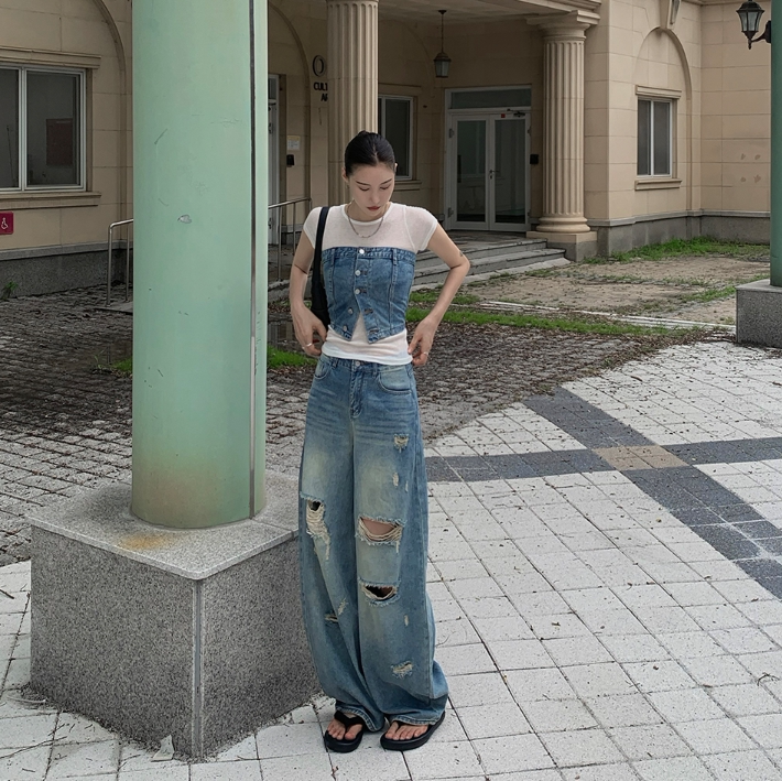酷飒风两件套 韩国代购正品2026夏季新款女士牛仔抹胸加破洞长裤