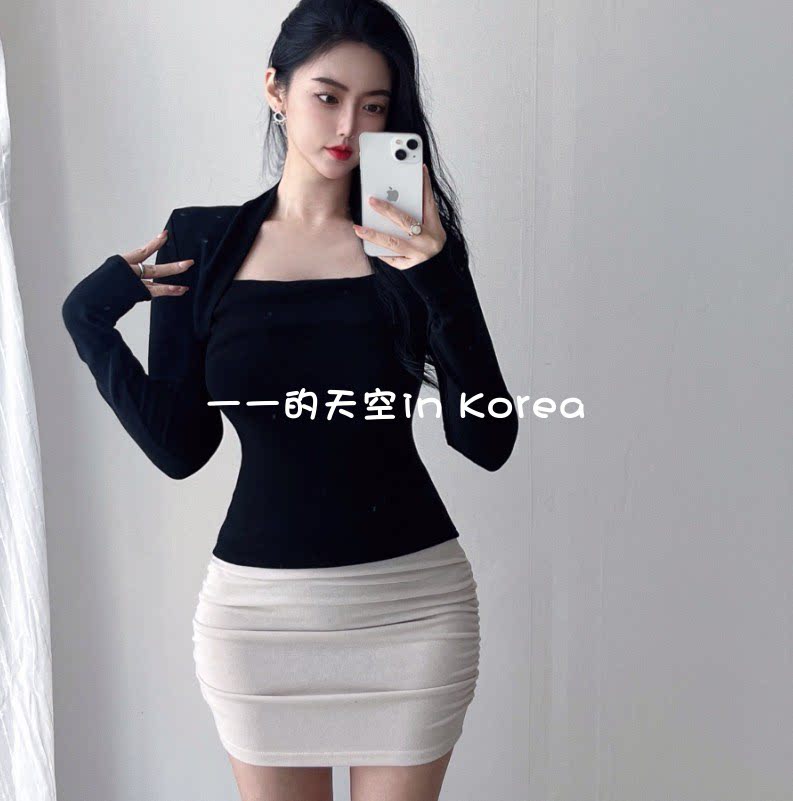 性感迷人方领上衣 韩国代购东大门2026春季女装新款修身长袖t恤