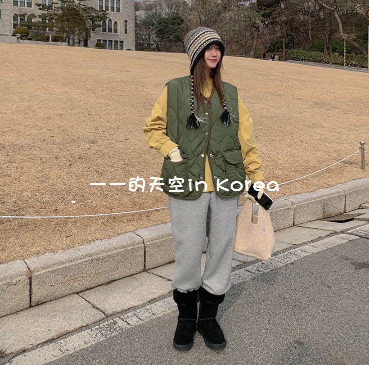 绗缝设计棉马甲 韩国代购正品2025冬季女装经典复古保暖系扣马夹