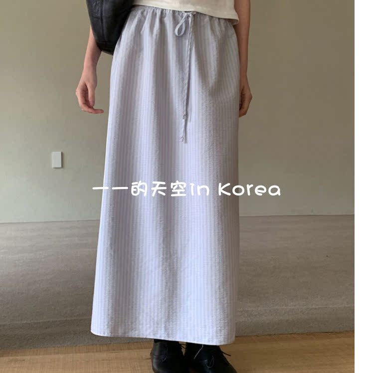 系带松紧腰长裙韩国代购正品2026春夏新款后开叉清新竖条纹半身裙