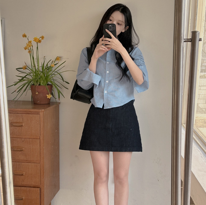 小清新衬衫女 韩国代购正品2025春夏新品短款气质竖条纹长袖衬衣