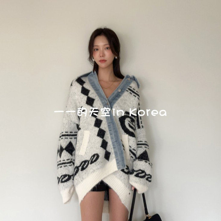 独特牛仔拼接开衫韩国代购2025秋冬女装设计感菱格图案宽松针织衫