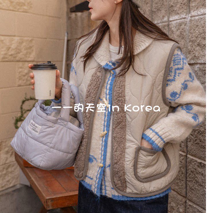 绗缝绒里马甲韩国代购2025冬季女装新款复古拼色按扣宽松保暖马夹