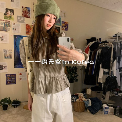 可爱萌妹风衬衣韩国代购2025秋季女装新款娃娃领褶边格子长袖衬衫