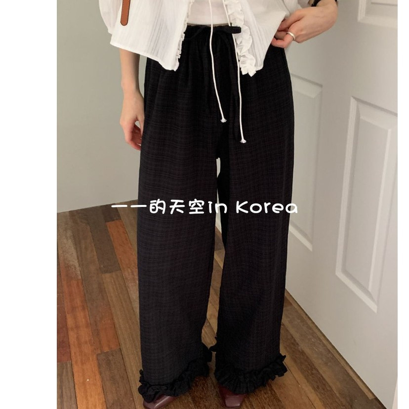 木耳褶边裤子韩国代购2025秋季女装新款系带松紧腰宽松格纹阔腿裤