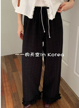 木耳褶边裤子韩国代购2025秋季女装新款系带松紧腰宽松格纹阔腿裤