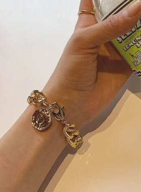 现货mocobling韩国官网正品复古女士时尚朋克硬币金属锁链式手链