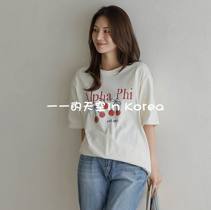 樱桃字母印花tee 韩国代购正品2025夏季女装新款宽松纯棉短袖t恤