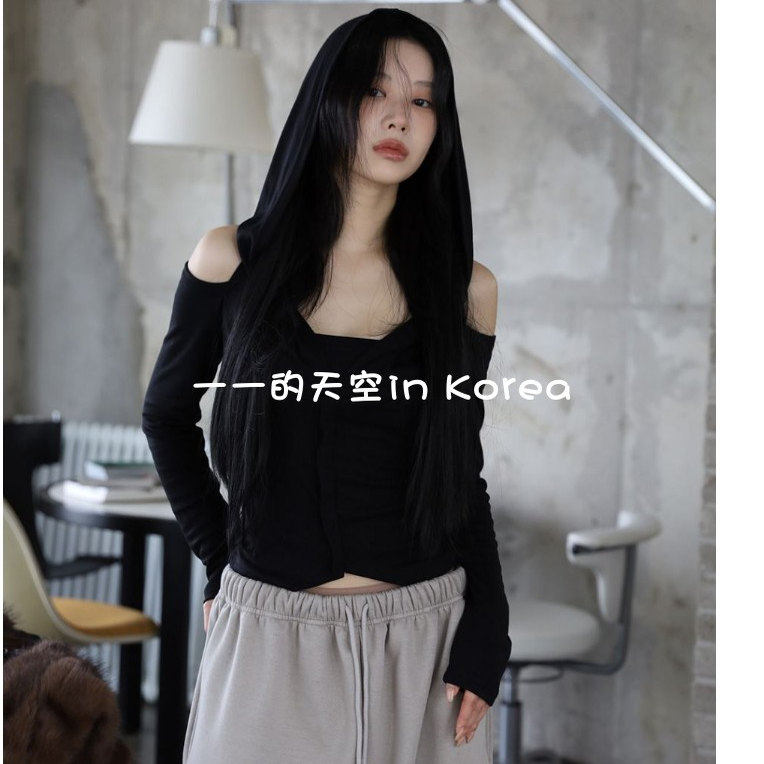 潮款连帽衫韩国东大门代购2025秋冬女装新款 甜酷风露背长袖t恤