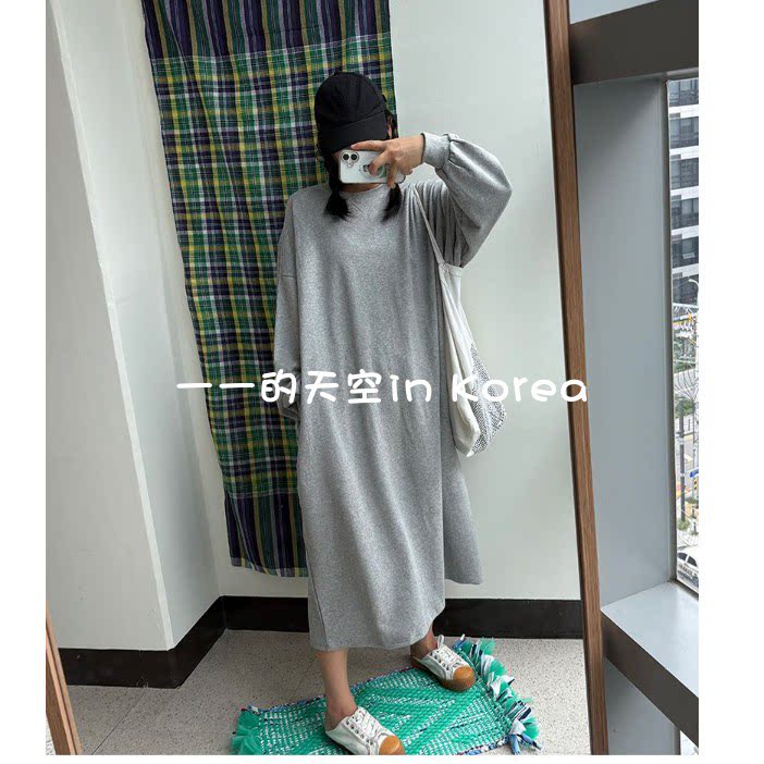 宽松大版卫衣裙 韩国代购正品2025秋装新款简约风纯色长袖连衣裙