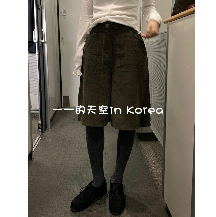 灯芯绒五分裤韩国代购2025秋冬新款松紧腰宽松百搭直筒裤休闲裤女