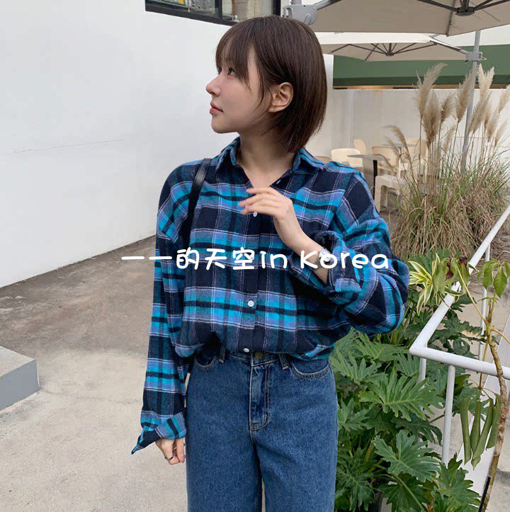韩国代购格子衬衣 2025秋冬女装新款复古风时尚配色宽松保暖衬衫