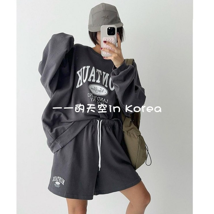 休闲运动套装 2025新款秋季女装欧美风宽松长袖卫衣+短裤韩国代购