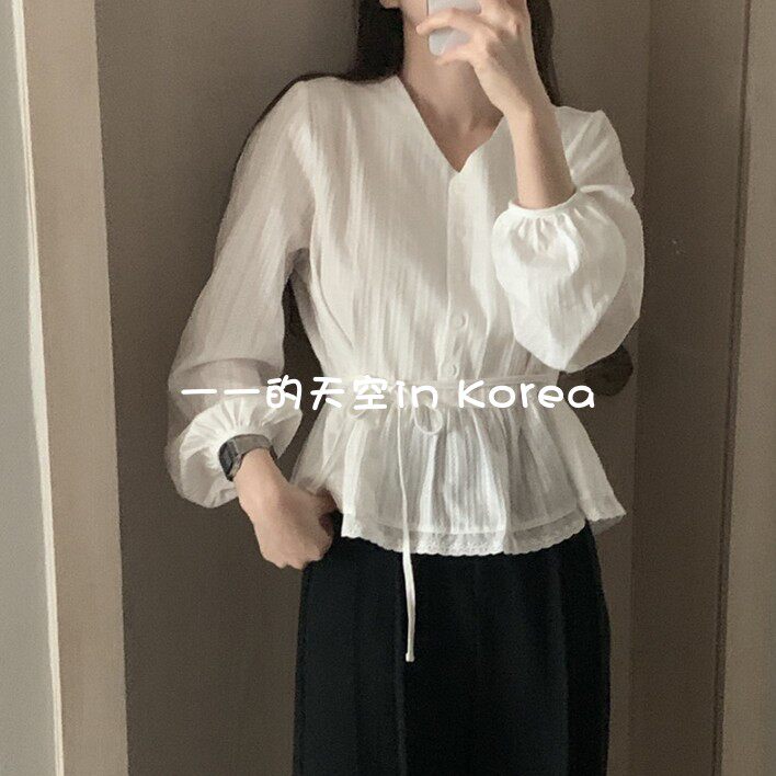 荷叶边衬衣女韩国代购2026春季女装新款浪漫温柔蕾丝纯棉长袖衬衫