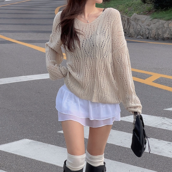 性感宽松罩衫 韩国代购正品2024春夏女装露背镂空宽松长袖针织衫