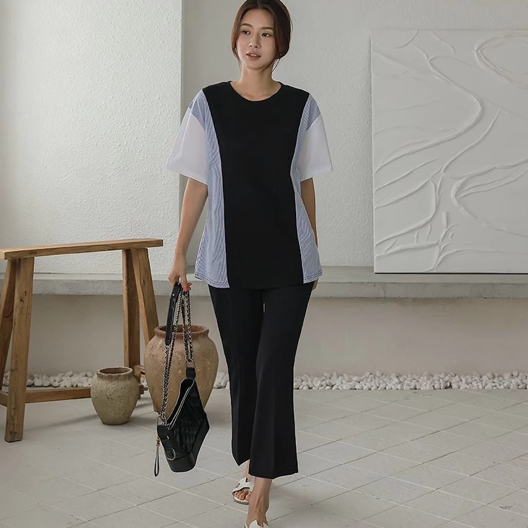 拼色显瘦大码tee韩国代购正品2025春夏新款沉稳气质宽松短袖t恤女