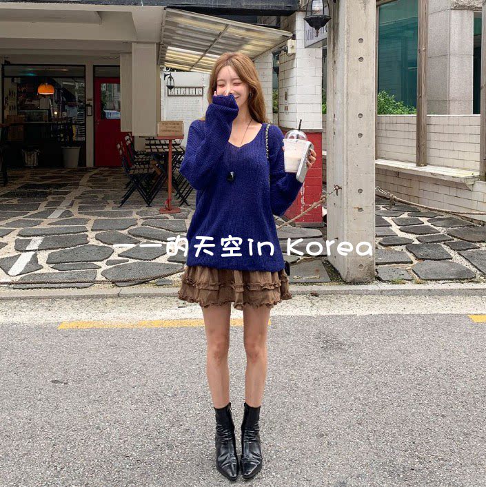 大v领针织衫韩国代购2026秋季新款简约时尚宽松慵懒风套头毛衣女