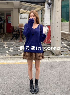 大v领针织衫韩国代购2026秋季新款简约时尚宽松慵懒风套头毛衣女