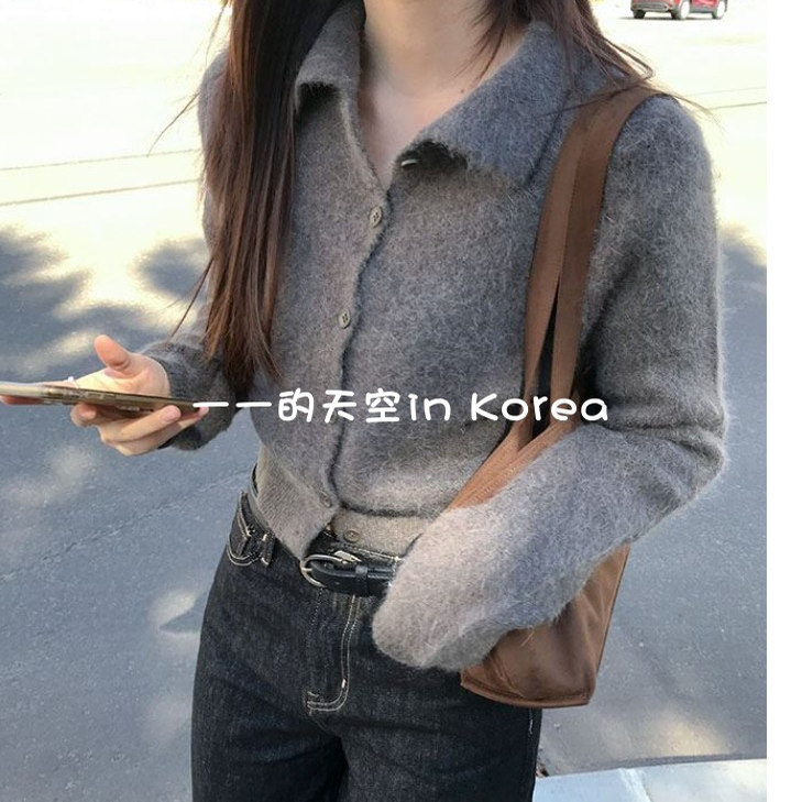 韩代东大门开衫2025秋冬女装新款简约温柔翻领系扣短款羊毛针织衫