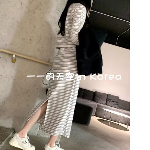 条纹半身长裙 韩国代购正品2025春季新款时尚针织修身后开叉裙子