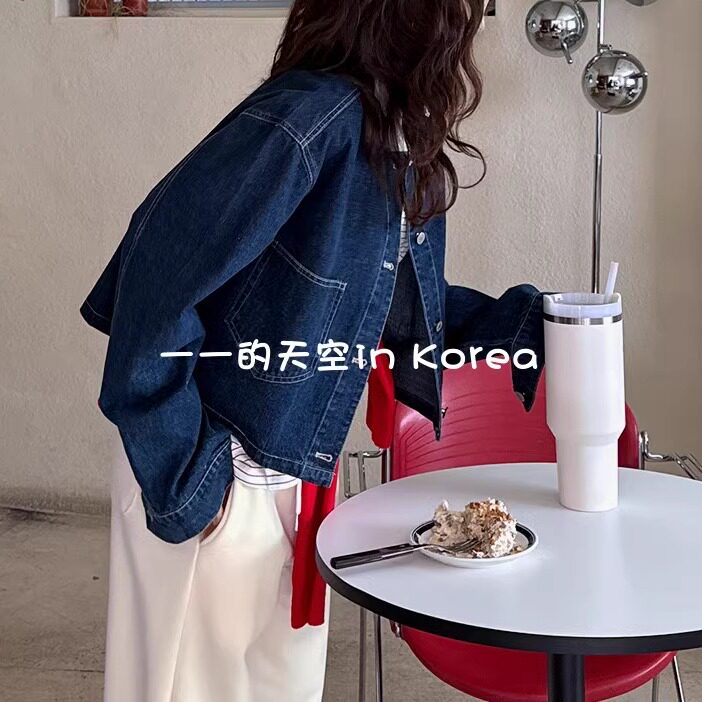 复古牛仔外套韩国代购正品2025春装休闲宽松圆领长袖短上衣夹克女