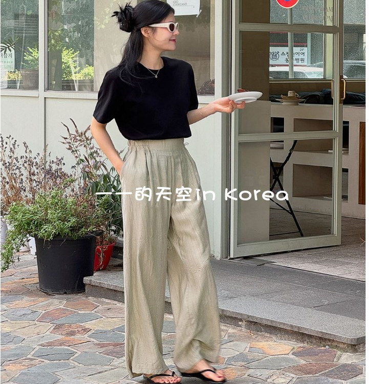 凉爽阔腿长裤韩国代购2025夏季新款气质松紧高腰褶皱设计宽松裤子