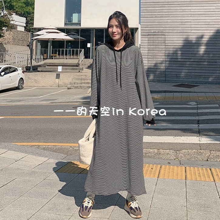 连帽连衣裙韩国代购正品2025秋季女装长款慵懒风宽松条纹长袖裙子