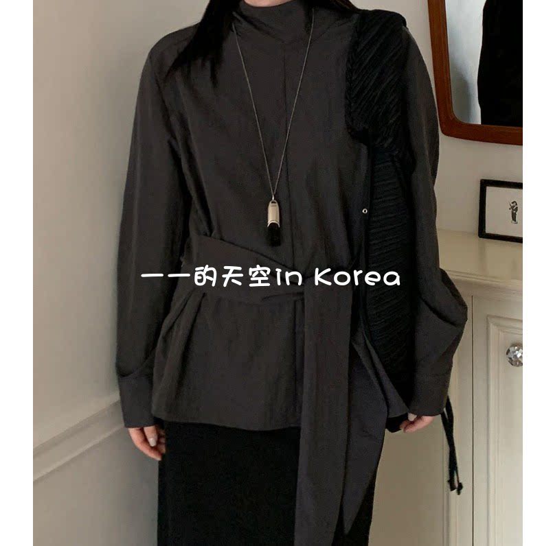 半高领系带上衣韩国代购东大门2026春季女装气质纯色宽松长袖衬衫
