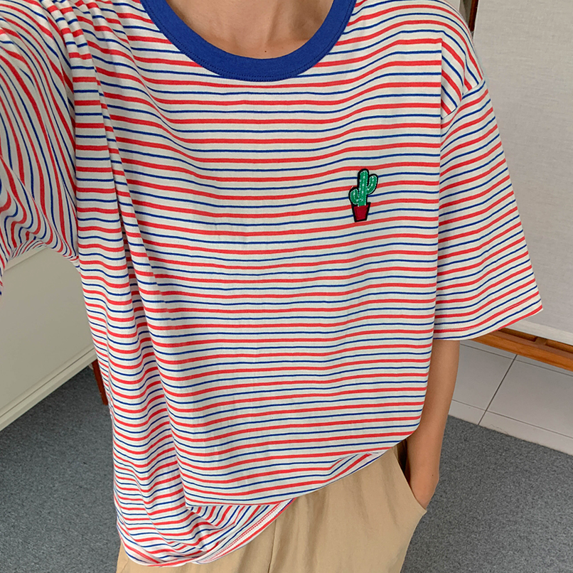 仙人掌刺绣tee韩国代购正品2025夏季女装新款减龄宽松条纹短袖t恤