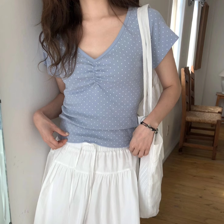 小清新波点tee 韩国代购2025夏季女装新款温柔褶皱v领纯棉短袖t恤