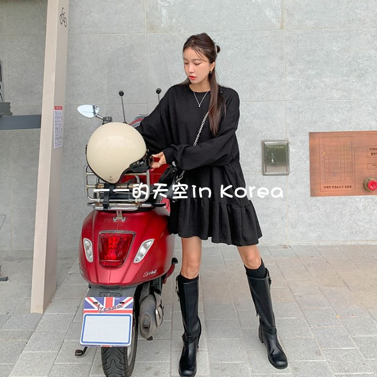 韩国代购正品2025秋季女装新款小个子宽松大版褶边长袖卫衣连衣裙