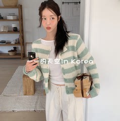 mocobling韩国代购2025春季女装新品甜美小清新短款条纹针织开衫