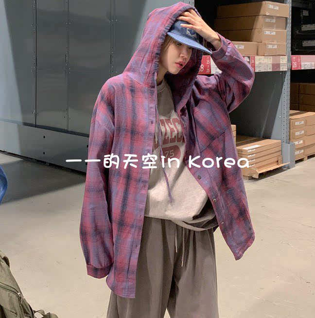 森系风连帽衬衣韩国代购正品2025春季女装中长款宽松连帽格子衬衫